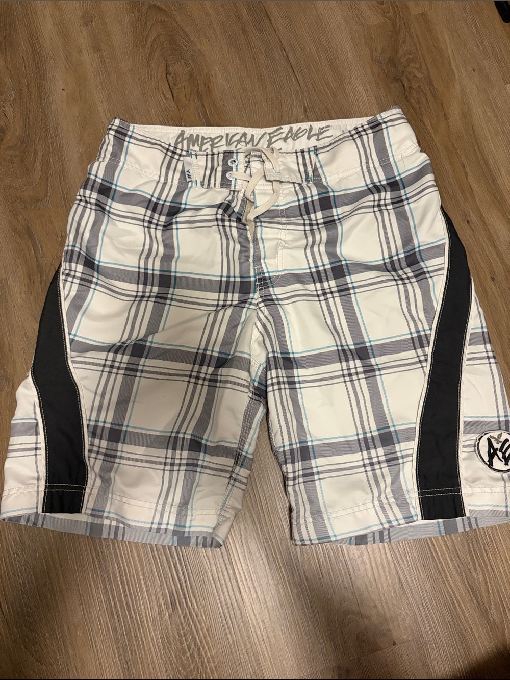 American Eagle Outfitters White Plaid Swim Shorts with Black Panels